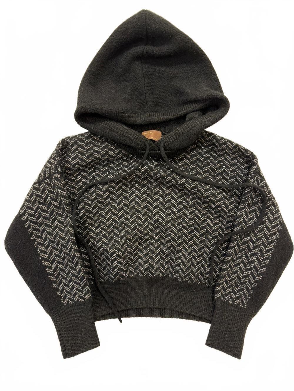 Kerisma Black Gray Herringbone Knit Cropped Hoodie Sweater Drawstring Pullover